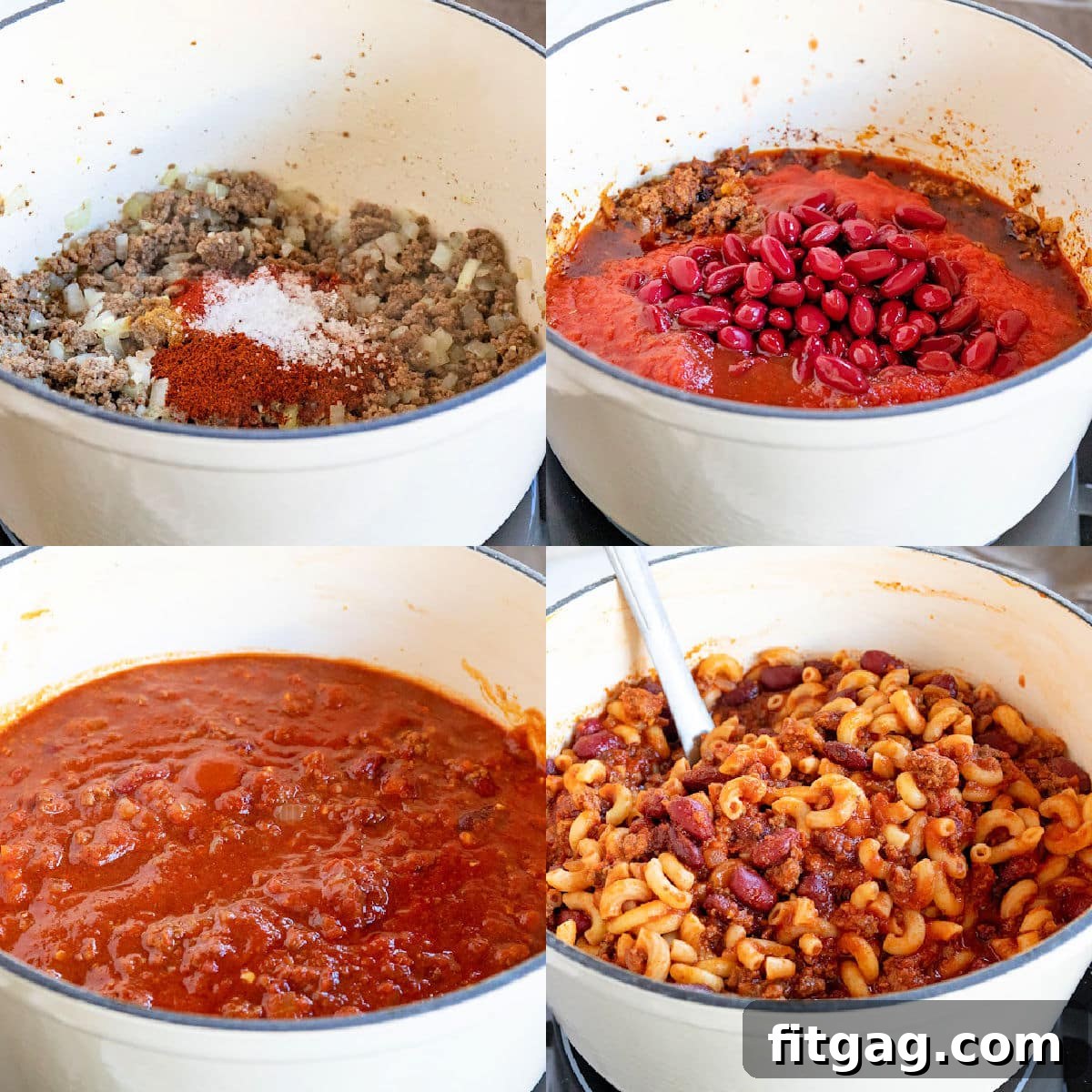 A four-image collage showcasing the step-by-step cooking process of the chili mac recipe, from browning beef to the final cheesy dish.
