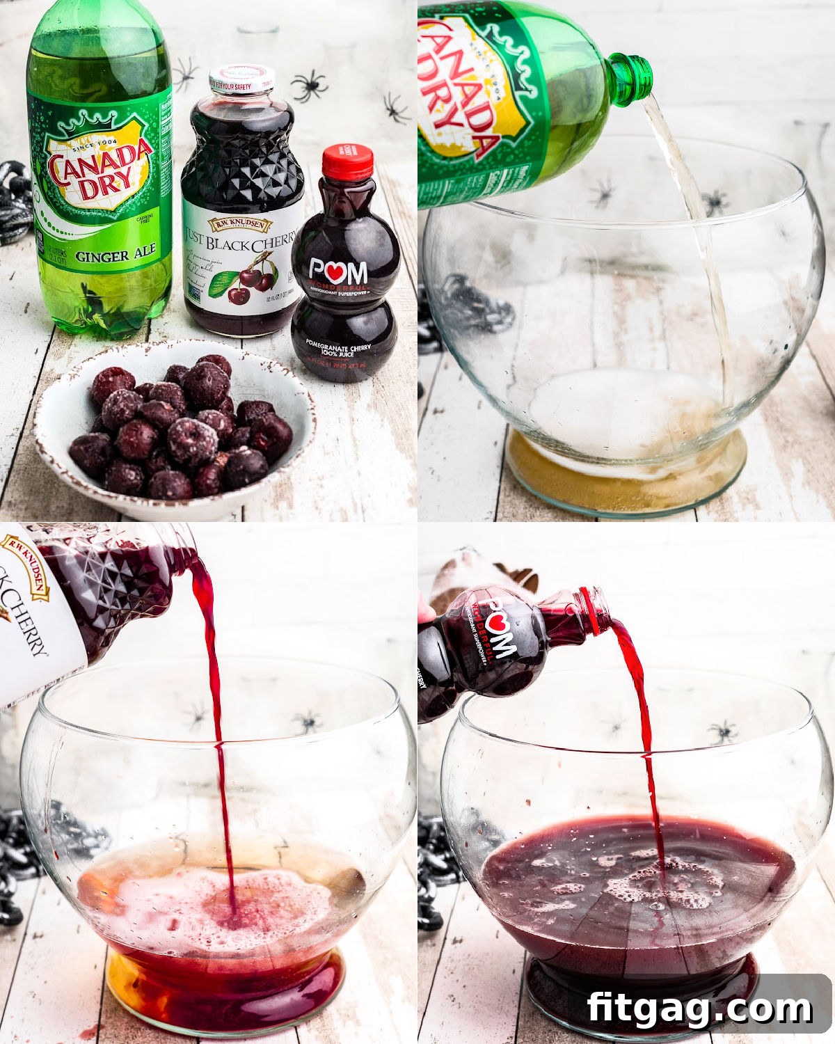 A four-image collage demonstrating the easy steps to make Halloween punch in a large punch bowl.