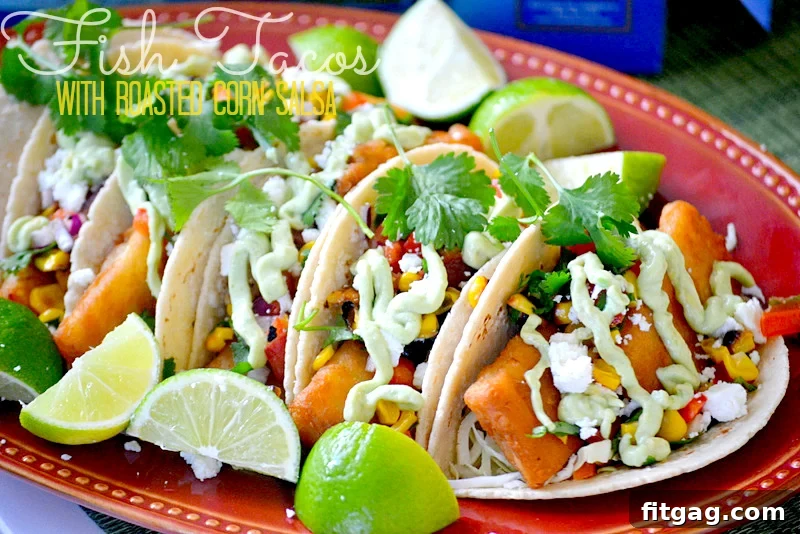 Platter of freshly made Fish Tacos with Roasted Corn Salsa, ready to serve