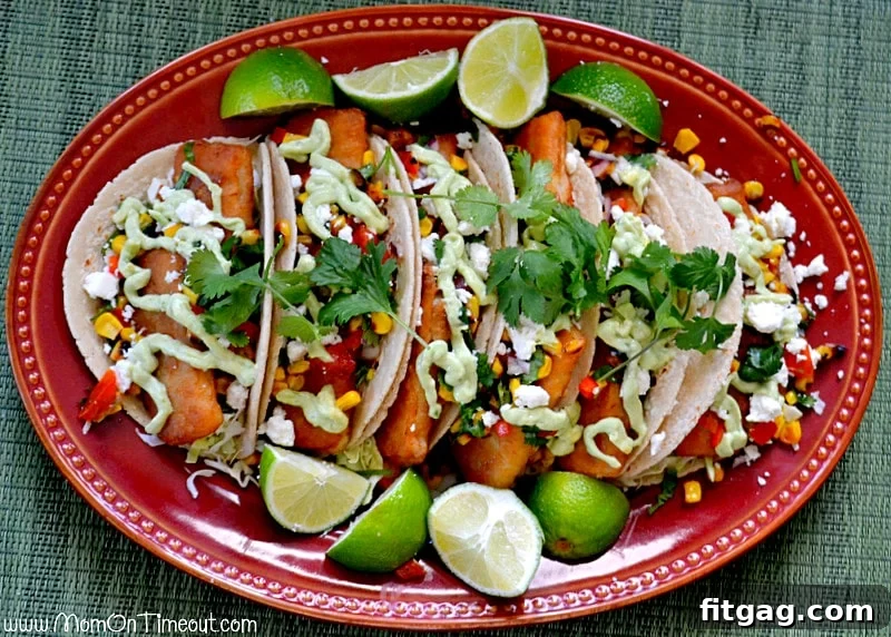 Finished platter of Fish Tacos with Roasted Corn Salsa ready to be served
