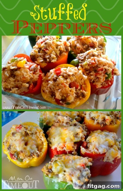 Delicious and easy stuffed peppers, perfect for a family dinner. Features colorful bell peppers brimming with a savory meat and rice filling, topped with melted cheese.