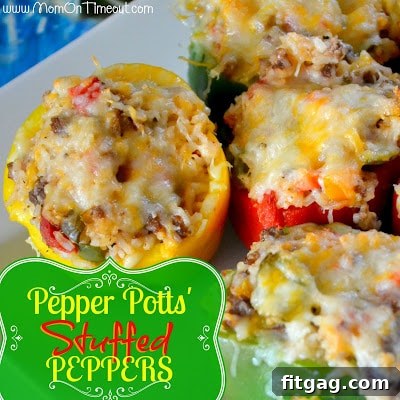 A perfectly baked Pepper Potts' Stuffed Bell Pepper, golden brown with melted, bubbly cheese on top.