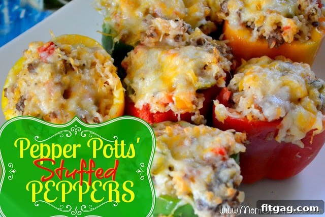 Savory Pepper Potts' Stuffed Bell Peppers ready for baking, showcasing a hearty filling and vibrant bell pepper shells. Ideal for dinner or themed parties.