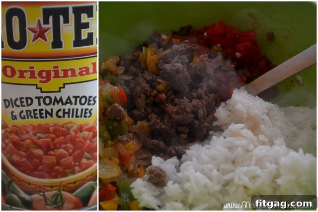 Large mixing bowl filled with combined ingredients for stuffed peppers: Rotel tomatoes, ground meat, sautéed vegetables, and cooked rice.