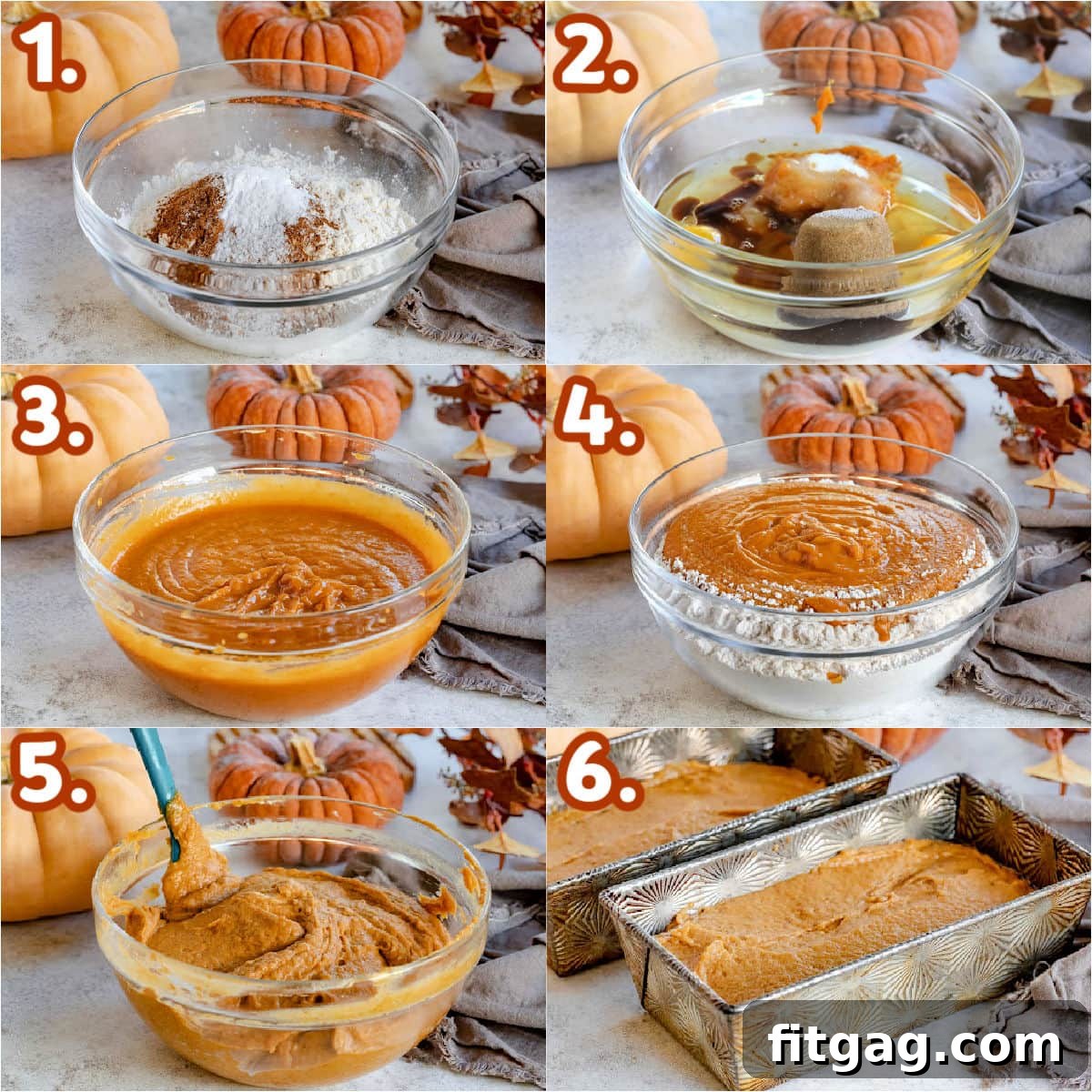A six-image numbered collage illustrating the step-by-step process of making homemade pumpkin bread.