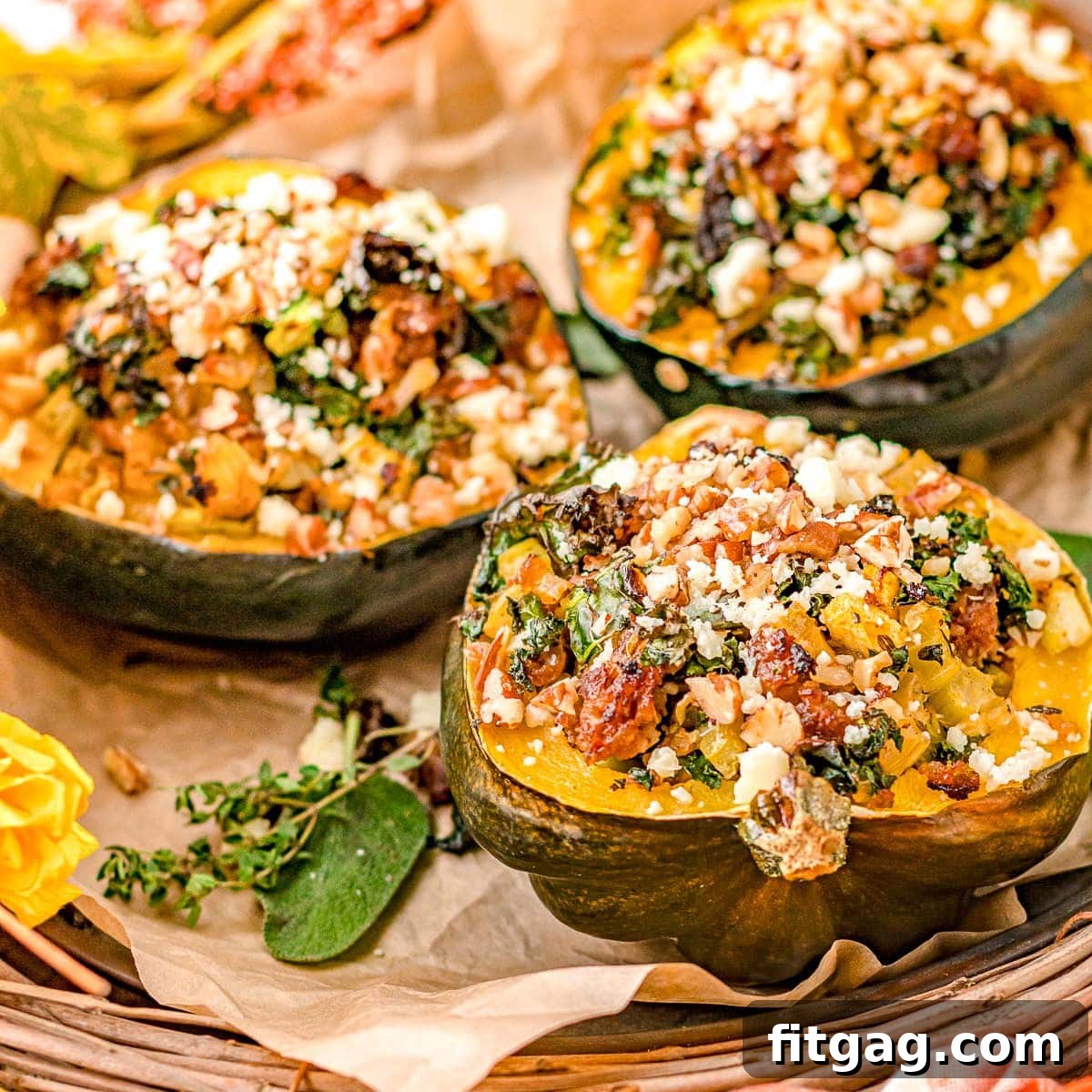 three stuffed acorn squash halves sitting on brown parchment paper topped with feta cheese.
