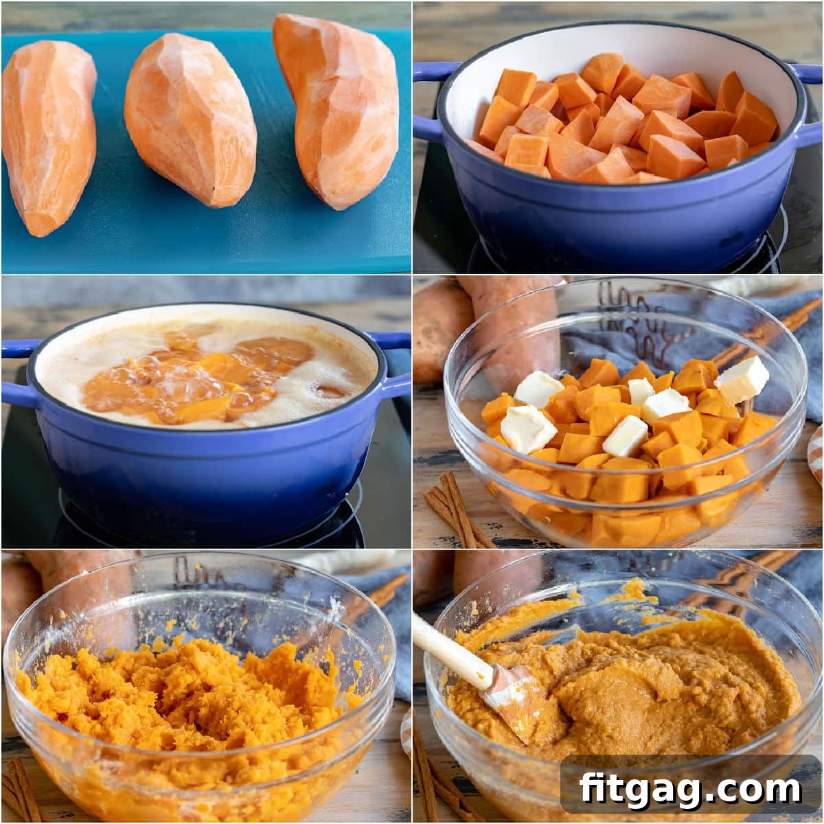 six image collage showing sweet potatoes being boiled and mashed.