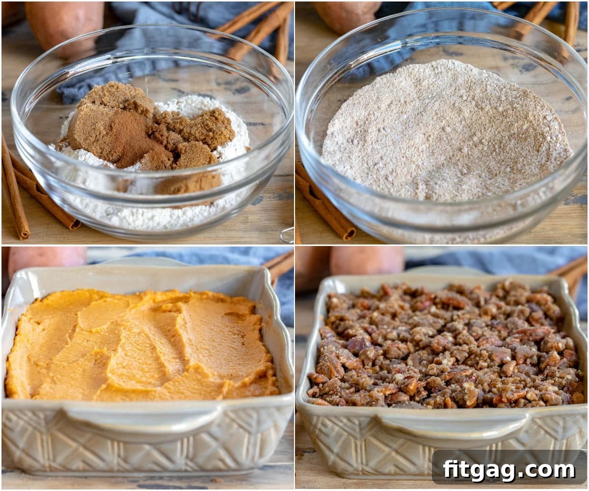 Four-image collage illustrating the steps of preparing the streusel topping and assembling the sweet potato casserole.
