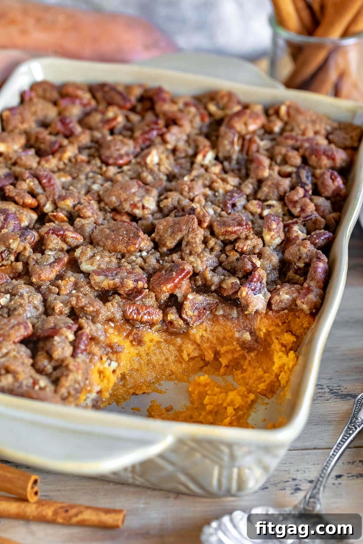 sweet potato casserole with a serving removed.