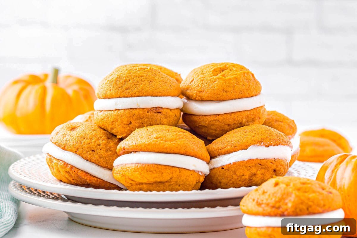 Pillowy Pumpkin Cream Sandwiches 4 two white plates stacked with pumpkin whoopie pies piled on top.