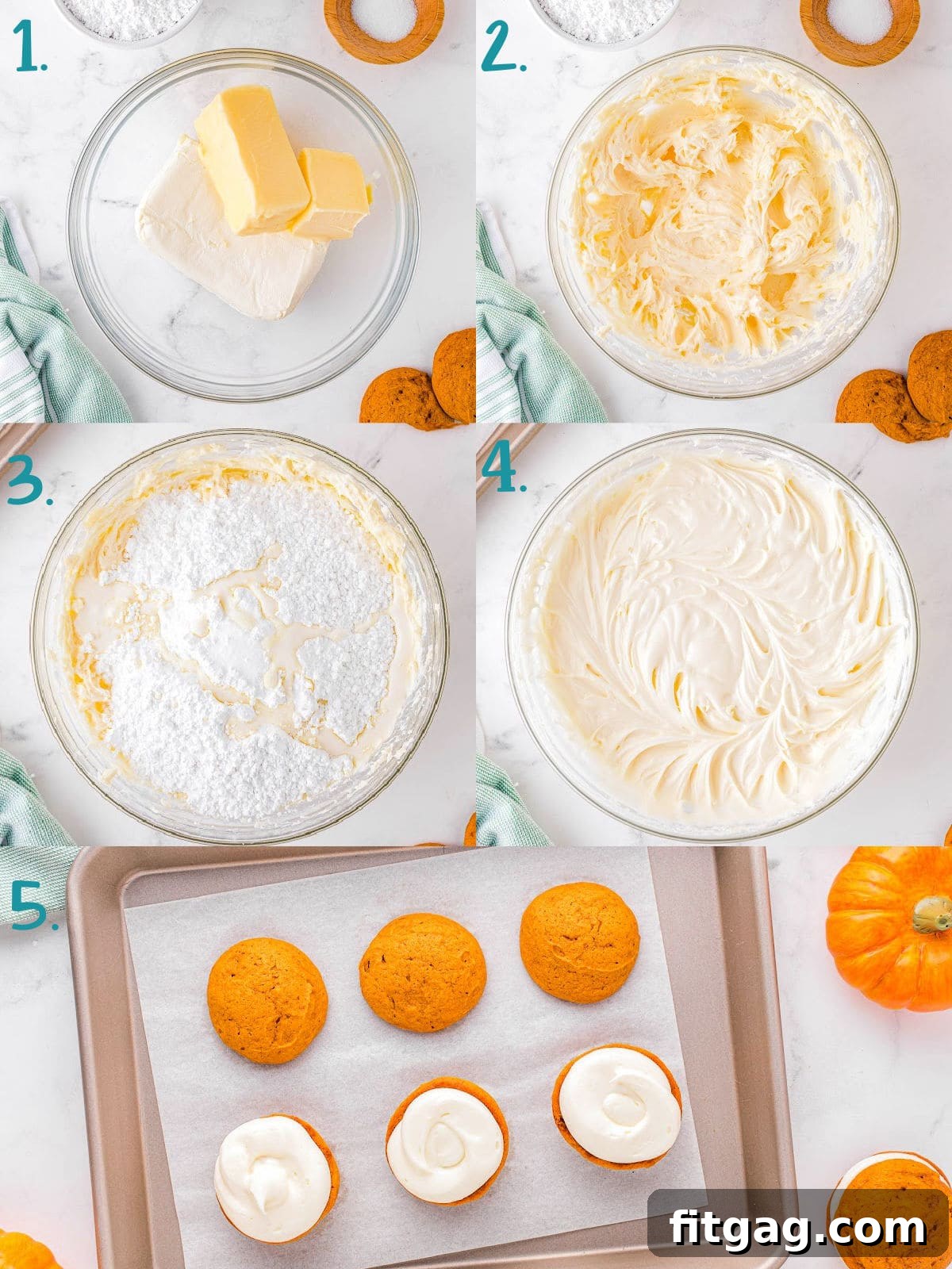 Pillowy Pumpkin Cream Sandwiches 6 five image collage showing how to make the whoopie pie filling.