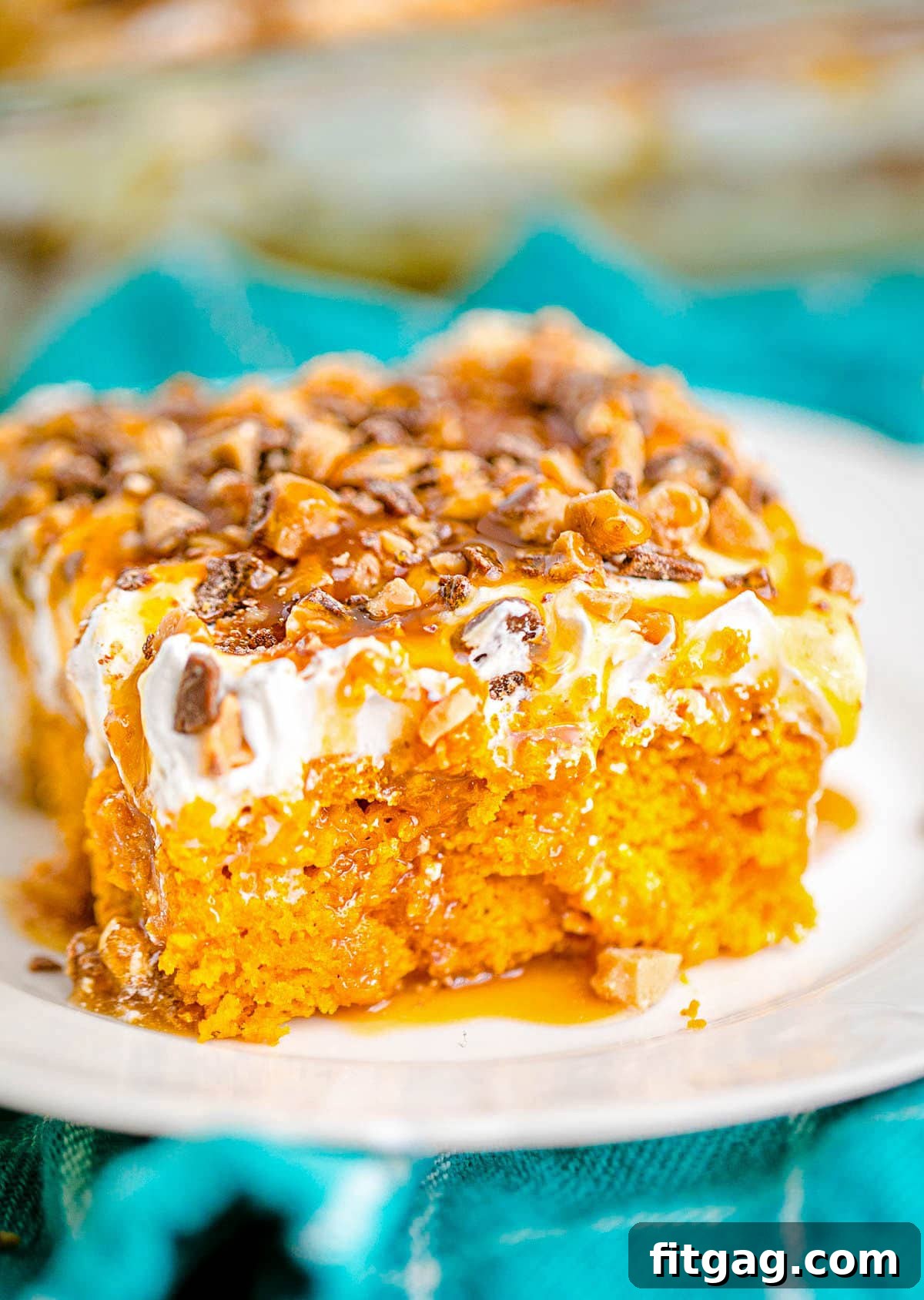 Close-up look at a slice of Better Than Anything Pumpkin Cake on a white plate, highlighting the rich layers and toppings.