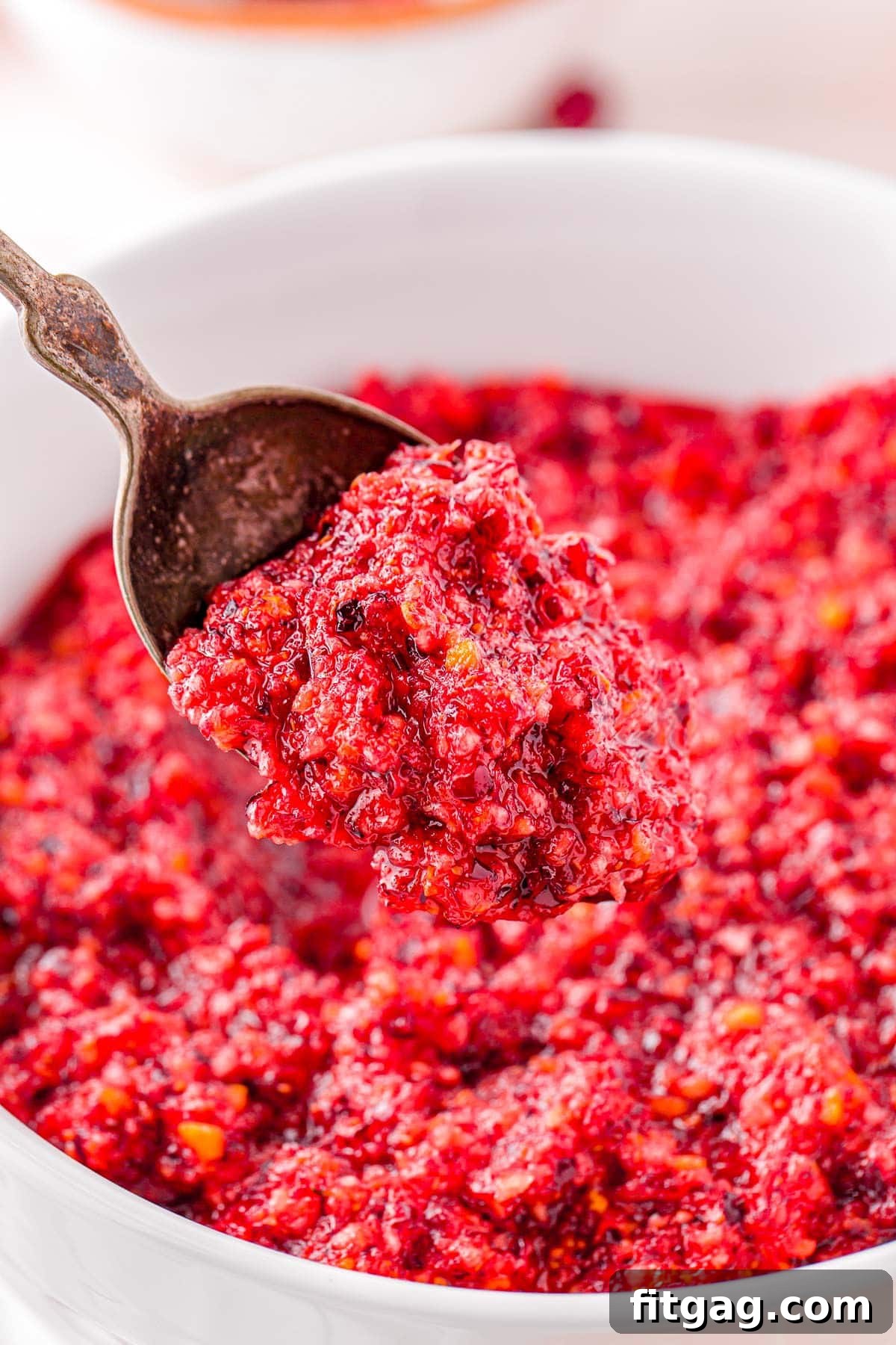 A spoonful of vibrant cranberry orange relish held above a white bowl, showcasing its chunky texture and inviting colors.