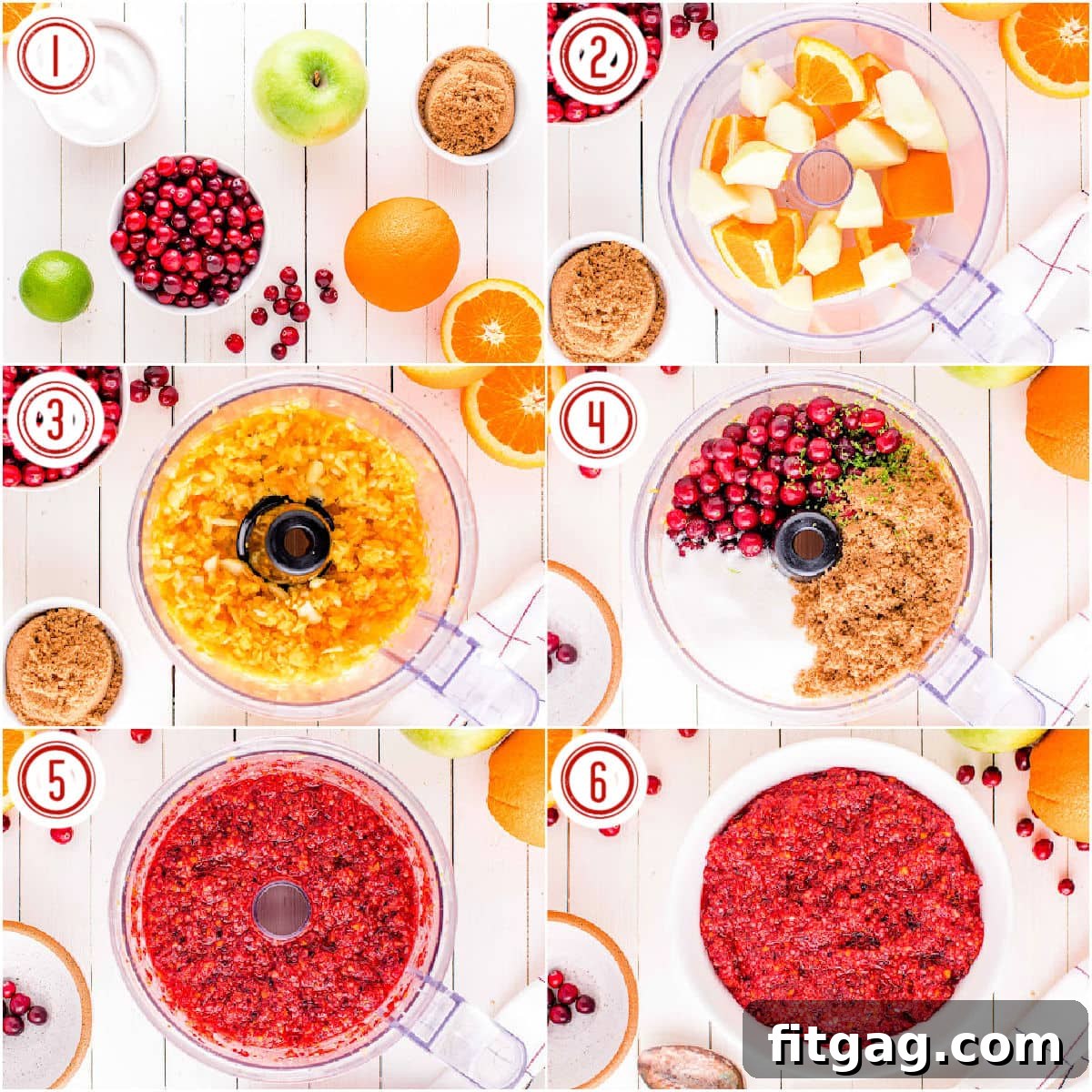 A six-image collage demonstrating the step-by-step preparation of cranberry orange relish in a food processor, from whole fruits to the final chopped mixture.