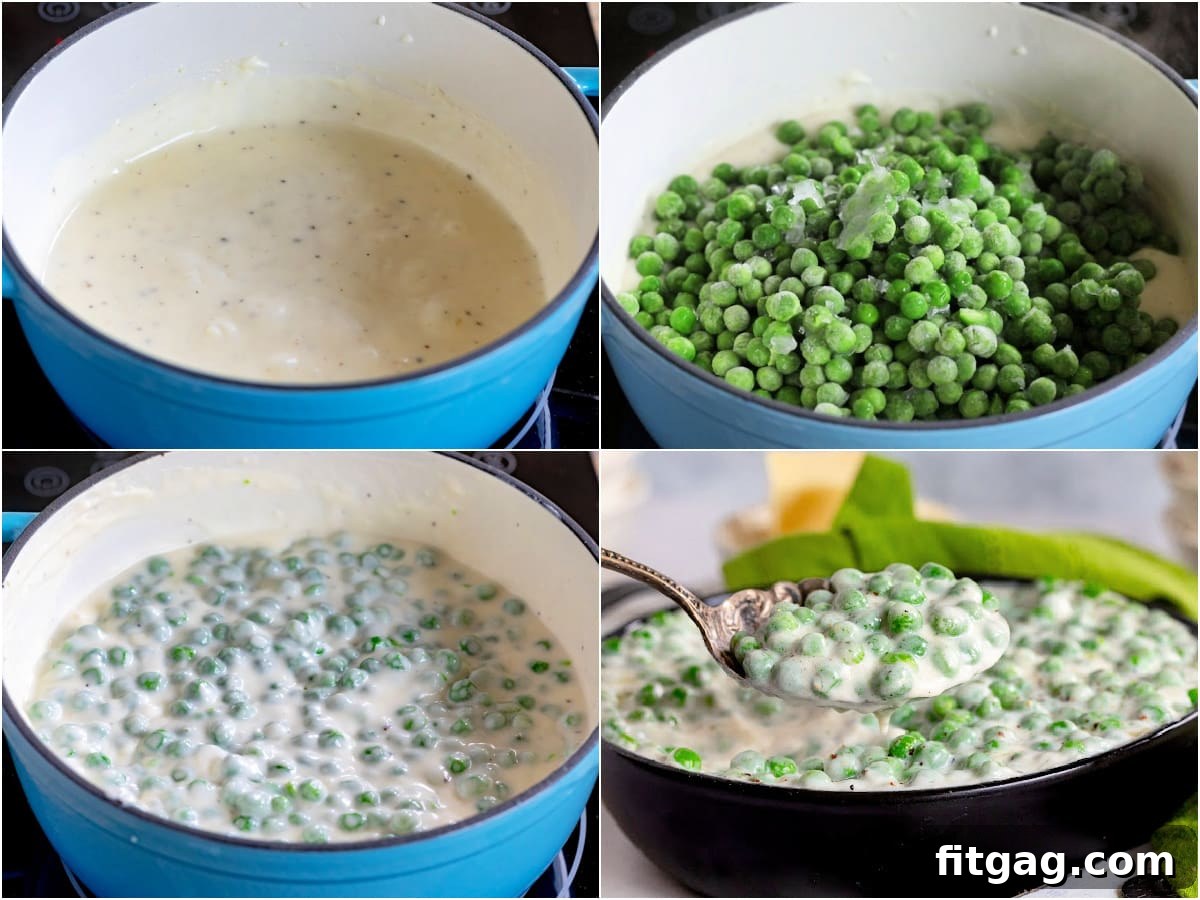 Velvet Peas 4 A four-image collage demonstrating the key steps to prepare creamy, delicious creamed peas.