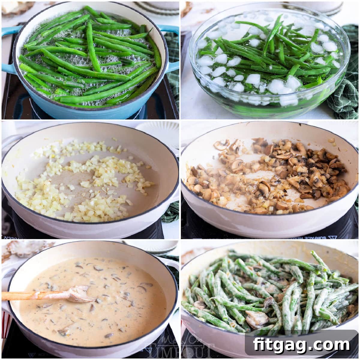 Crispy Onion Green Bean Delight 4 A six-image collage displaying step-by-step process photos of how to make green bean casserole from scratch, showing ingredients being cooked and combined.