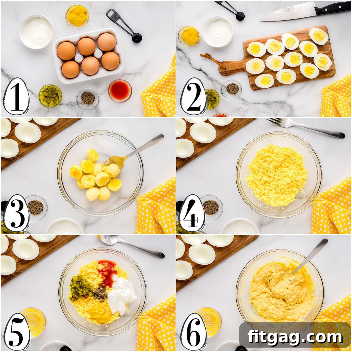 A six-image collage detailing the step-by-step process of making deviled eggs, from slicing hard-boiled eggs to piping the creamy filling and garnishing with paprika.