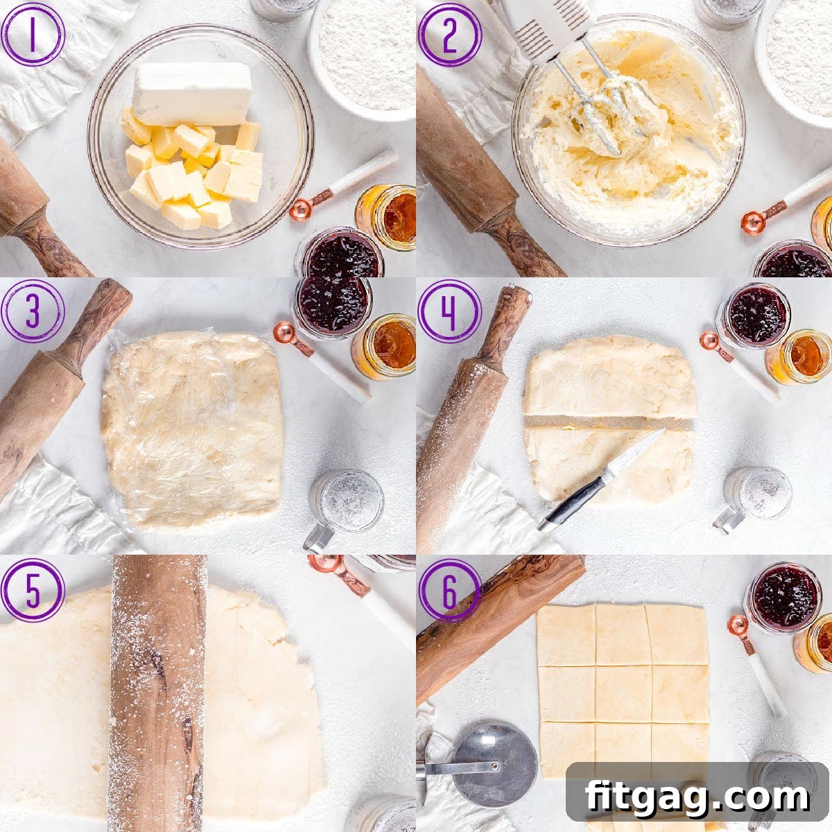 A six-image collage demonstrating the step-by-step process of making Kolaczki dough, from mixing to rolling and cutting.