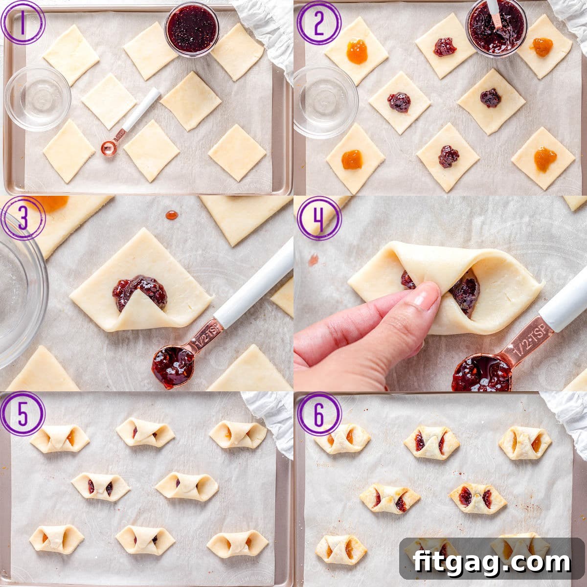 A six-image collage illustrating the folding process of Kolaczki cookies, from jam filling to sealing the corners.