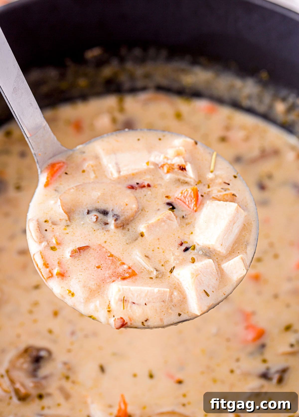 A ladle lifts a generous serving of turkey and wild rice soup from the pot, showcasing its creamy texture and hearty ingredients.