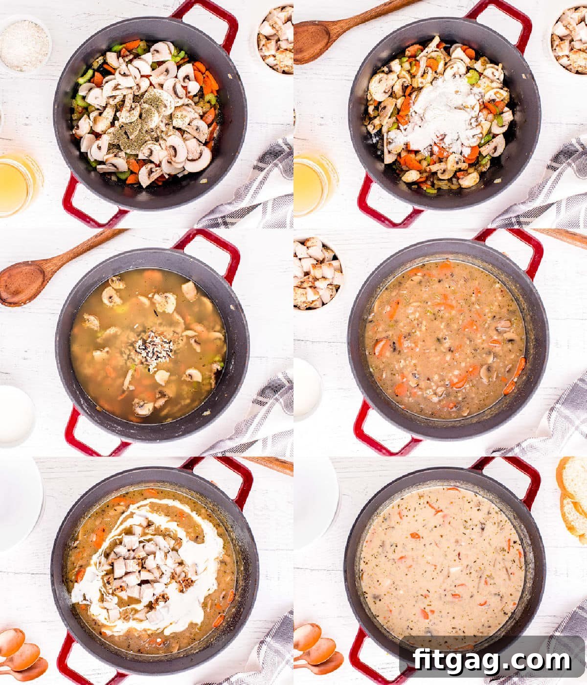 A six-image collage showing the step-by-step process of making turkey wild rice soup, from sautéing vegetables to the final creamy result.