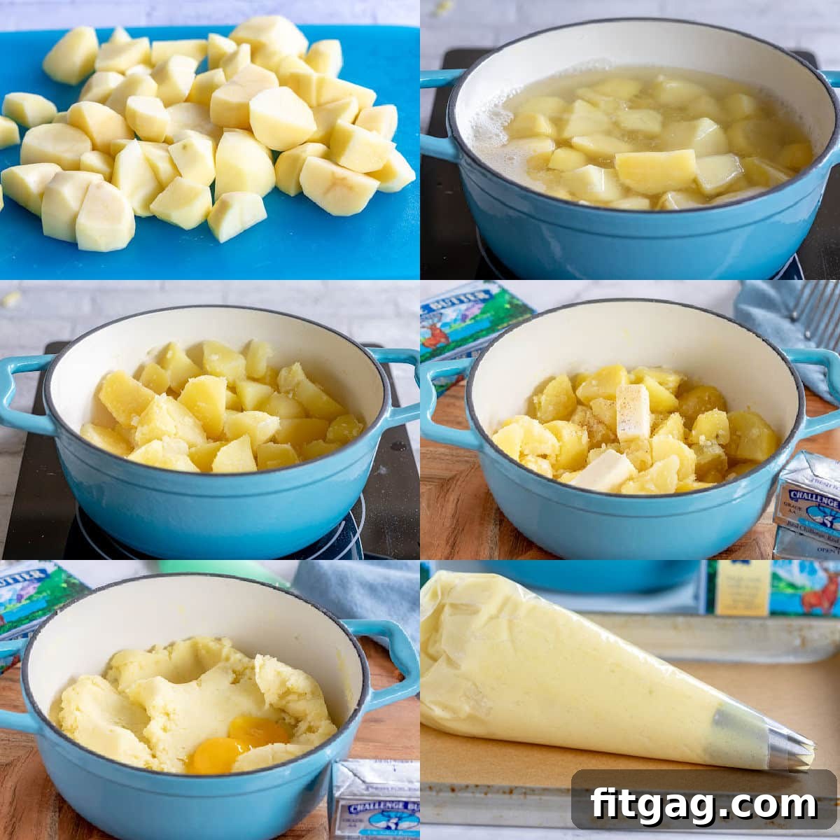 A six-image collage illustrating the process of making the mashed potato base for Duchess Potatoes, from boiling and draining to mashing and mixing with cream and egg yolks.