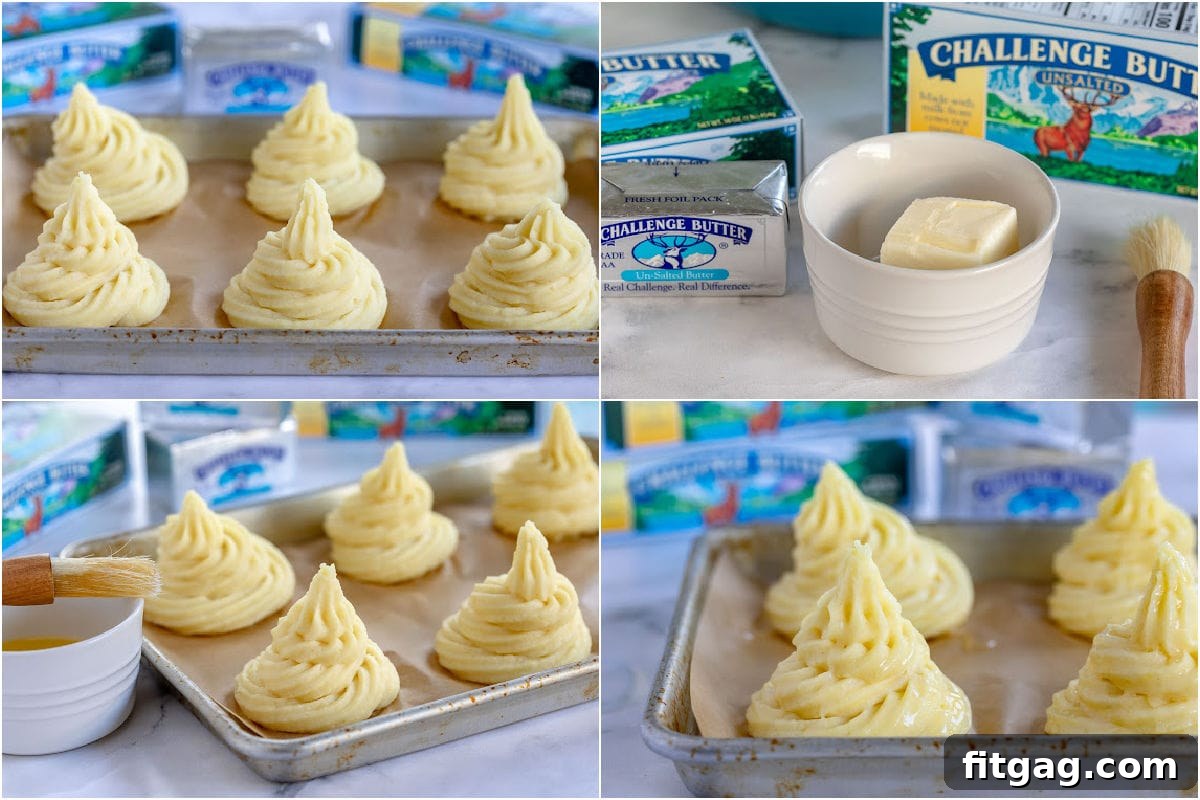A four-image collage demonstrating the final stages of making Duchess Potatoes: piping the mounds, brushing with butter, and baking to a perfect golden crisp.