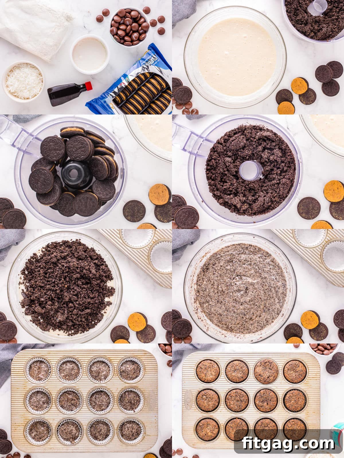 8 image collage showing how to make the oreo cupcakes and bake them.