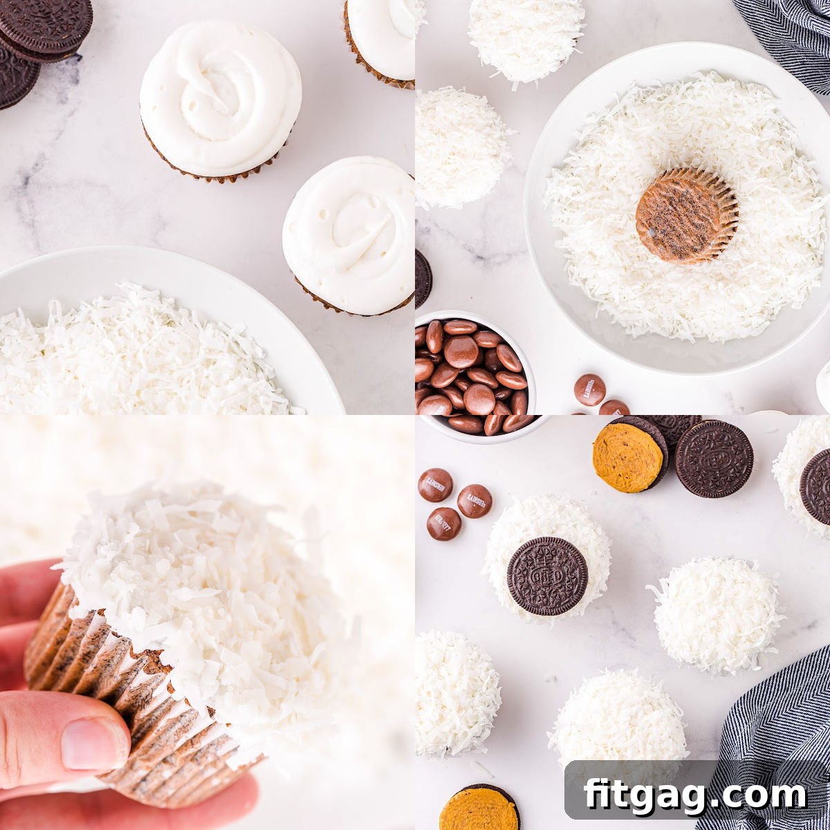 four image collage showing how to decorate the polar bear paw cupcakes step by step.