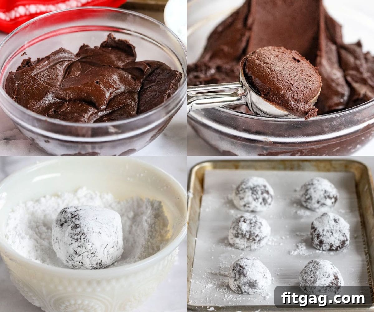 Four-image collage showing how to make crinkle cookies by rolling in powdered sugar and baking, highlighting the distinctive cracked appearance.