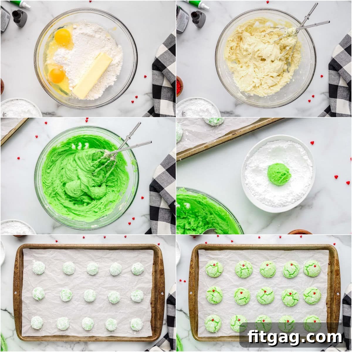 Grinchy Green Goodies 5 A six-image collage illustrating the step-by-step process of making Grinch cookies, from dough preparation to final decoration with red heart sprinkles.