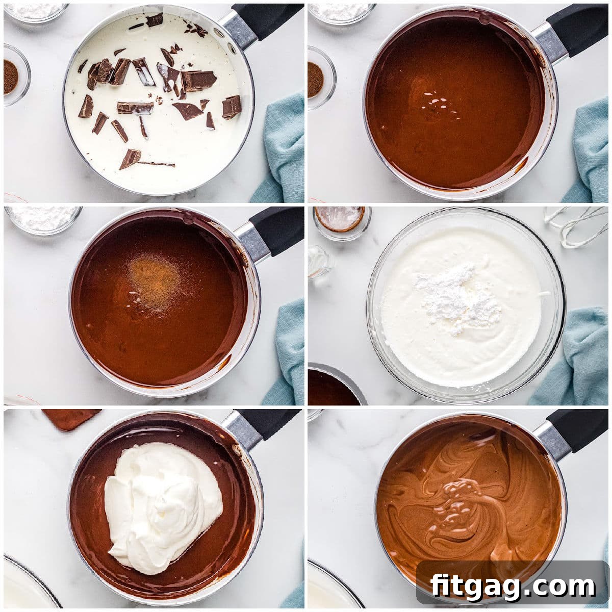 A six-image collage illustrating the step-by-step process of making easy chocolate mousse, from melting chocolate to folding cream and chilling the dessert.