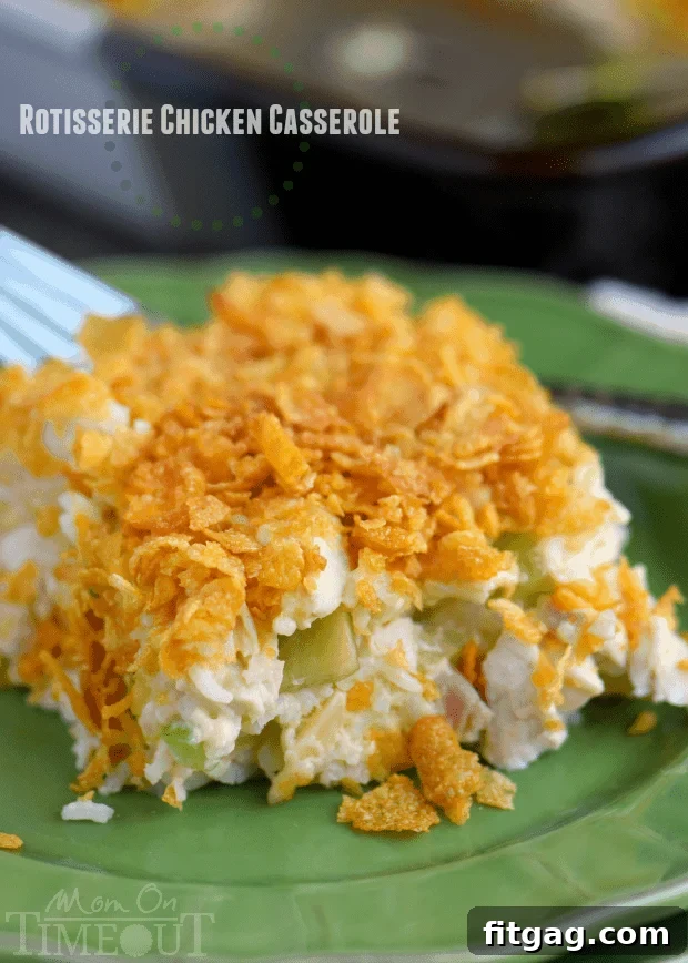 Rotisserie Chicken and Rice Casserole is an incredibly easy and delicious dinner that is perfect for busy weeknights! Comfort food FAST! This easy casserole is made with rotisserie chicken, rice, almonds, celery and more! A family favorite that I've been making for decades! // Mom On Timeout #chickencasserole #chickenricecasserole #rotisseriechicken #easydinners #easydinnerrecipe #dinnertime #dinner #chicken #casserole rotisserie chicken and rice casserole plated with cornflake topping
