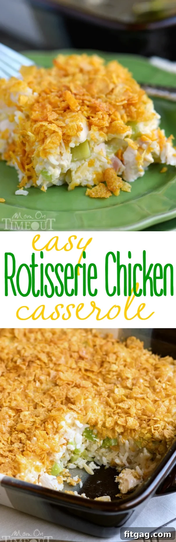 Rotisserie Chicken and Rice Casserole is an incredibly easy and delicious dinner that is perfect for busy weeknights! This easy casserole is made with rotisserie chicken, rice and almonds, celery and more! A family favorite that I've been making for decades! // Mom On Timeout #chickencasserole #chickenricecasserole #rotisseriechicken #easydinners #easydinnerrecipe #dinnertime #dinner #chicken #casserole chicken rice casserole with rotisserie chicken in baking dish