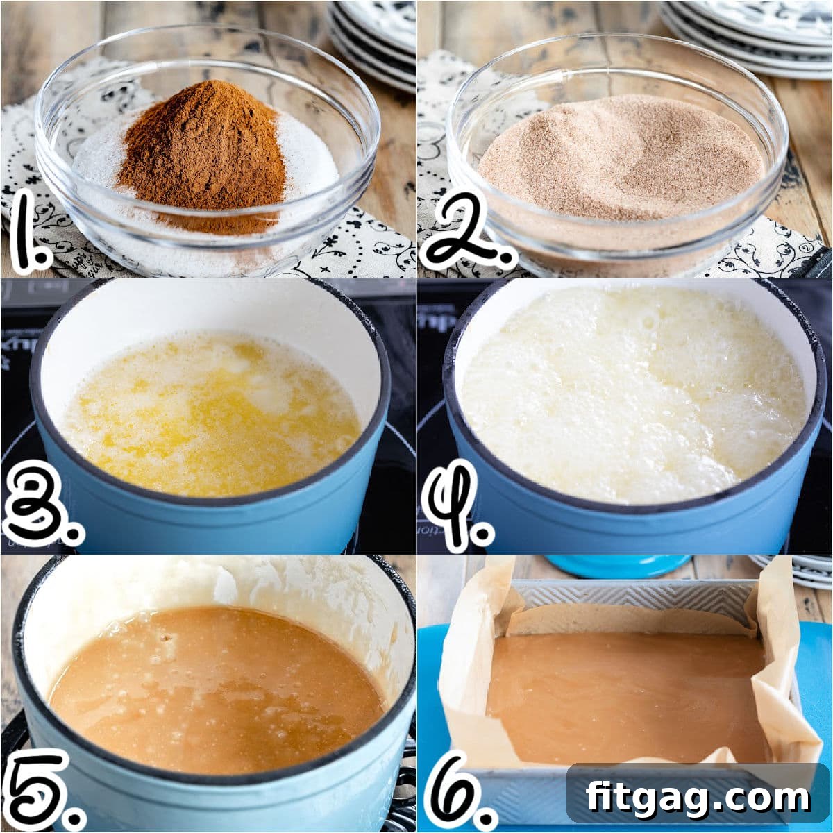 Six-image collage showing how to prepare cinnamon sugar and the initial steps for making the toffee.