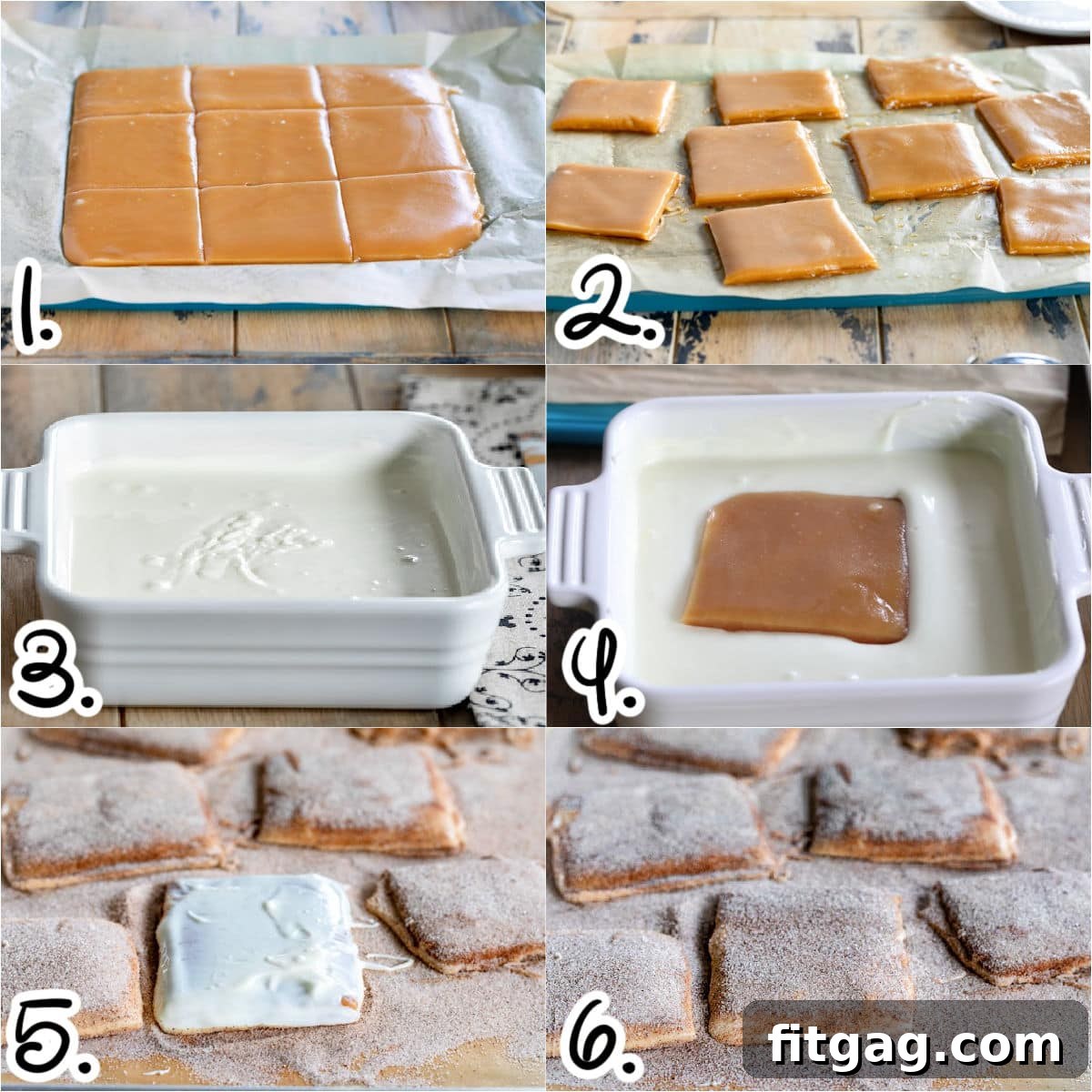 Six-image collage showing how to cut toffee into squares and coat them with white chocolate and cinnamon sugar.
