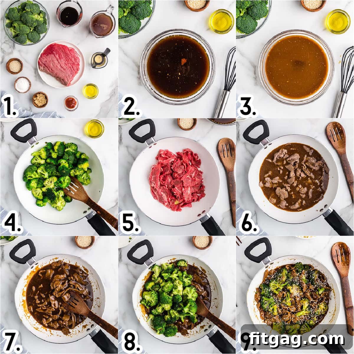 Restaurant-Style Beef and Broccoli Stir-fry 5 A nine-image collage illustrating the step-by-step preparation of the Beef and Broccoli recipe, providing clear visual guidance for each stage of cooking.
