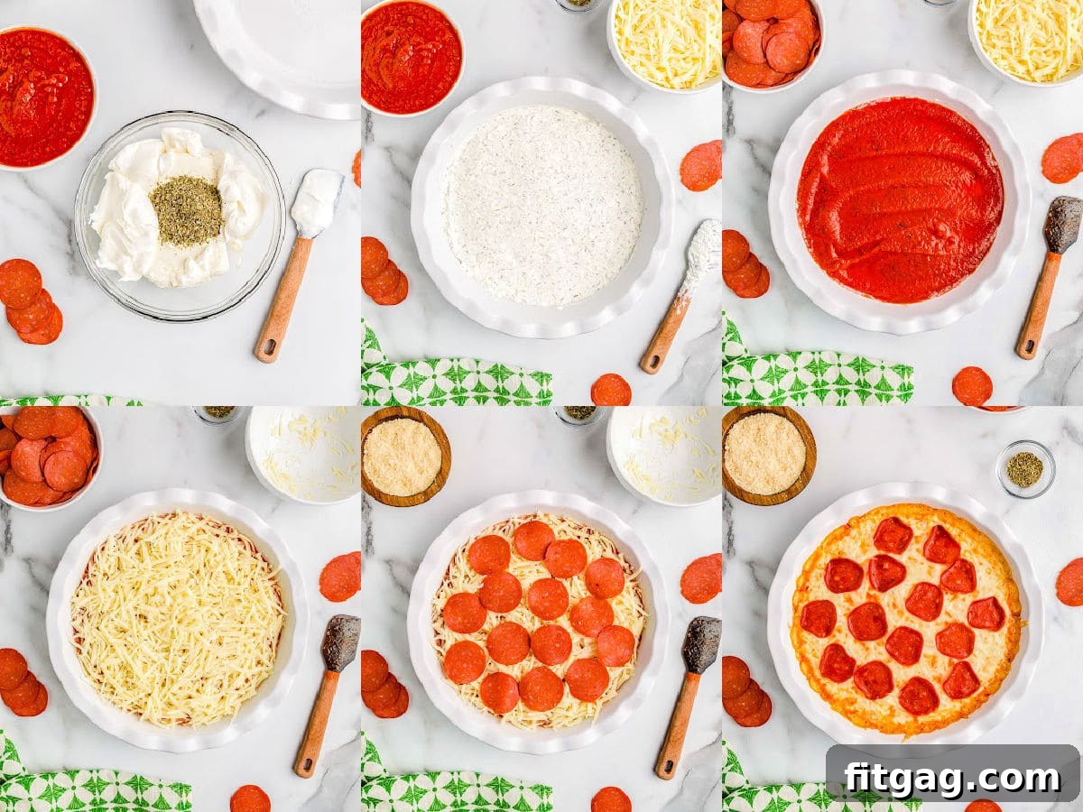 Baked Cheesy Pizza Dip 5 A six-image collage visually demonstrating each step of assembling the delicious pizza dip from mixing the base to layering toppings.