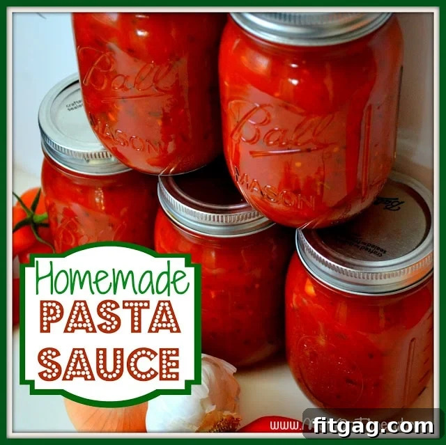 Close-up of a jar of freshly canned easy homemade pasta sauce, ready for storage, showcasing the rich color and inviting texture.
