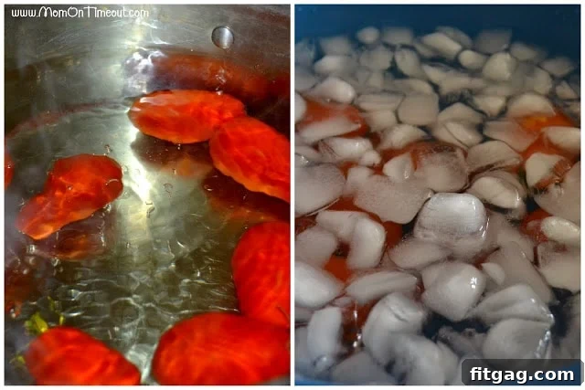 Tomatoes being blanched in boiling water and then transferred to an ice bath for easy skin removal, a key step in making fresh tomato sauce.
