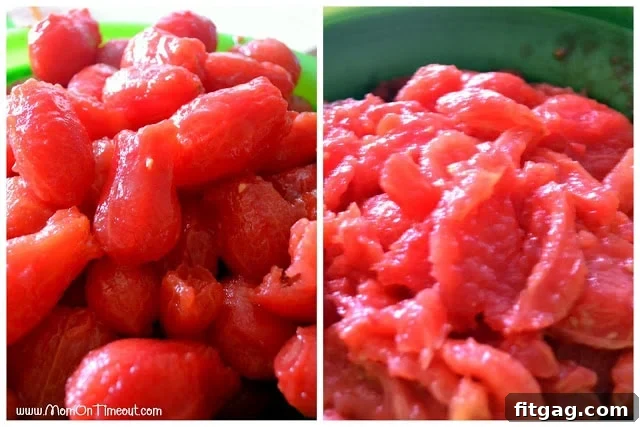 Deseeded and drained tomatoes in a colander, prepared for simmering into a rich, easy homemade pasta sauce.