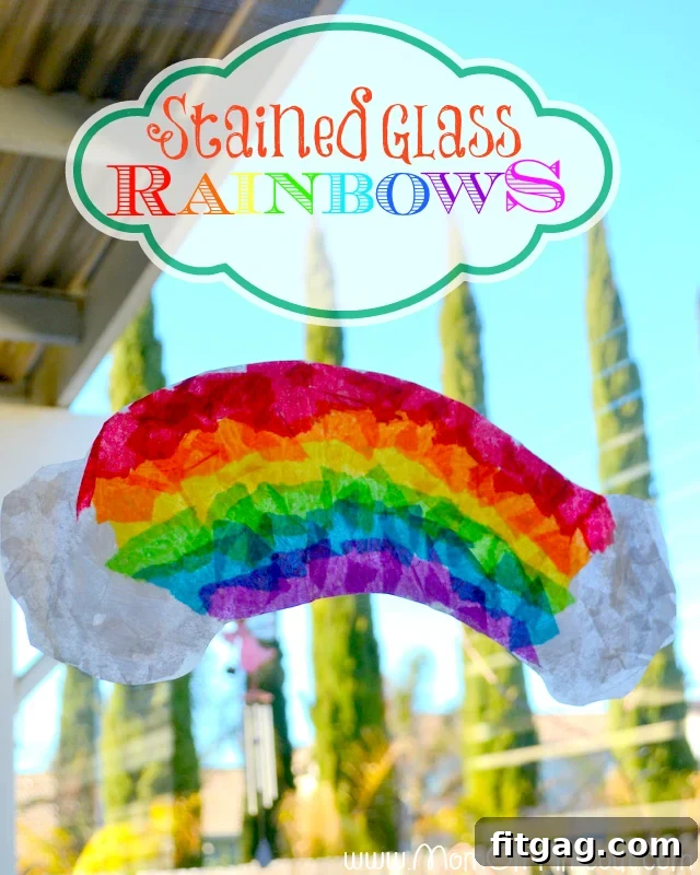 Sparkling Rainbow Suncatchers 2 Completed Stained Glass Rainbow Craft for Kids displayed on a window, shining with sunlight – perfect for St. Patrick's Day and Spring.