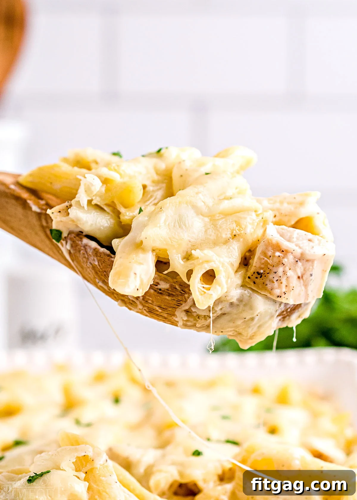A wooden spoon lifting a serving of creamy chicken alfredo bake from a white baking dish, showing off the pasta, chicken, and sauce.