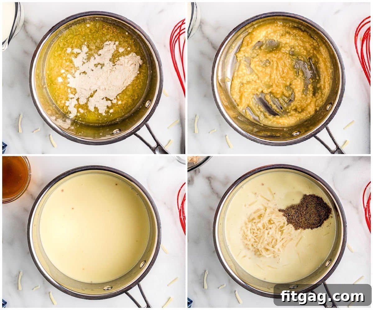 Four image collage showing the step-by-step process of making the creamy alfredo sauce for the pasta bake: melting butter with garlic, whisking in flour, adding milk and cream, and finally simmering with cheese until thickened.