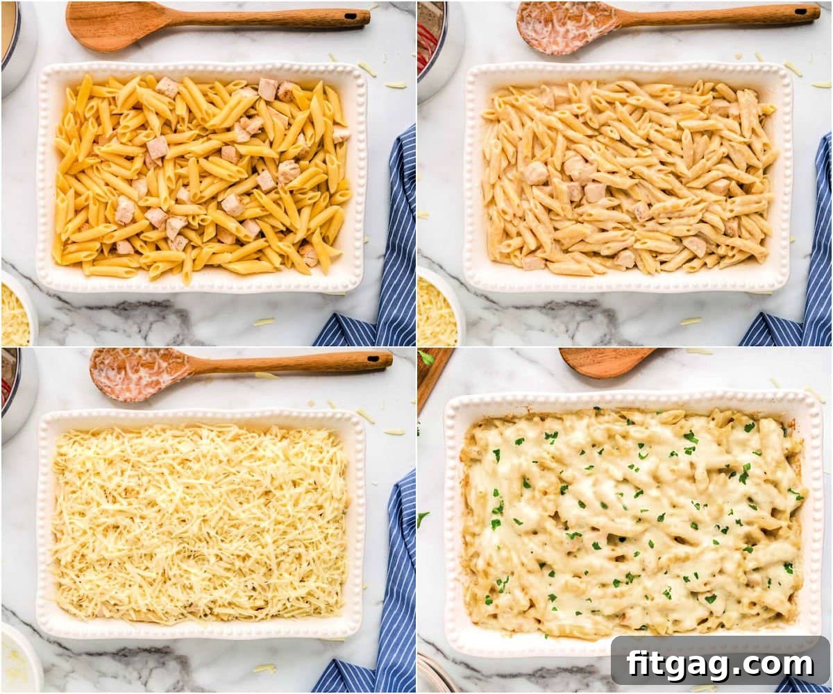 Four image collage showing the assembly and baking process of chicken alfredo bake: cooked pasta and chicken in a dish, sauce being poured over, topped with mozzarella, and finally bubbling in the oven.