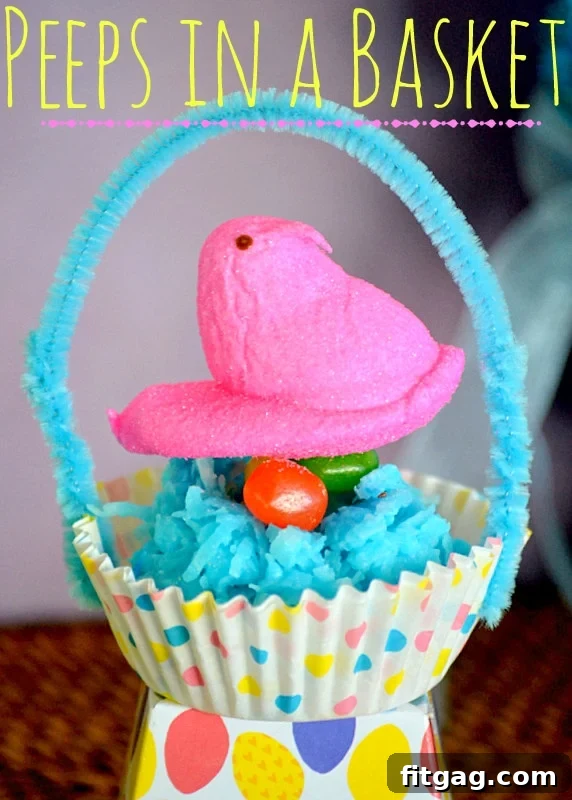 Adorable Easter Peeps nestled in vibrant, homemade coconut nests and placed in miniature cupcake liner baskets, perfect for festive decorations or gifts.