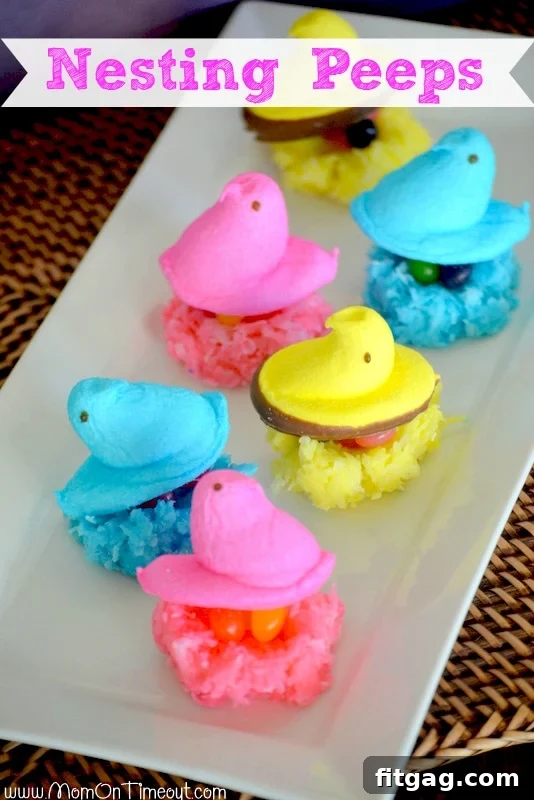 Close-up of three colorful coconut nests, each perfectly sized to hold a marshmallow Peep, showcasing the vivid hues and textured surface.