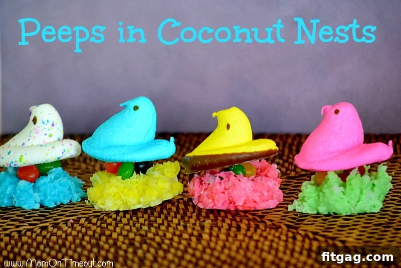 Completed Easter coconut nests overflowing with colorful jelly beans and topped with cheerful marshmallow Peeps, ready for display.