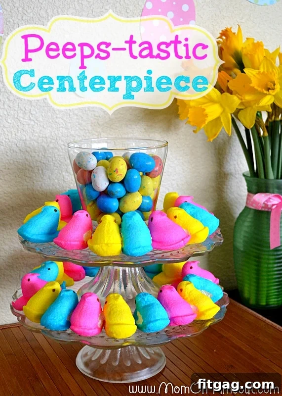 A festive Easter centerpiece featuring an array of colorful Peeps marshmallow treats and spring decorations.