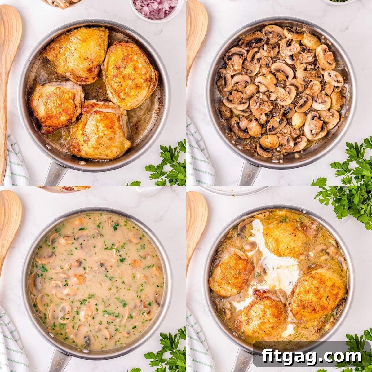Tender Chicken in Velvety Sauce 5 four image collage showing how to make chicken fricassee in a skillet.